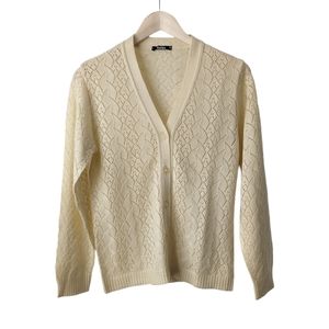 Rita Crochet Knit Cream White Button Down V neck Cardigan, size S